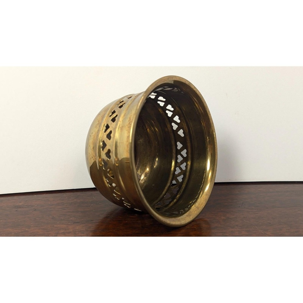 Vintage Solid Brass Pierced Heart Cachepot Planter Bowl Jardiniere Gold 4in - Picture 2 of 6